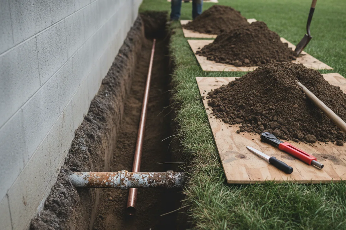 Excavated water line trench during Water Heater Repair in Boswell